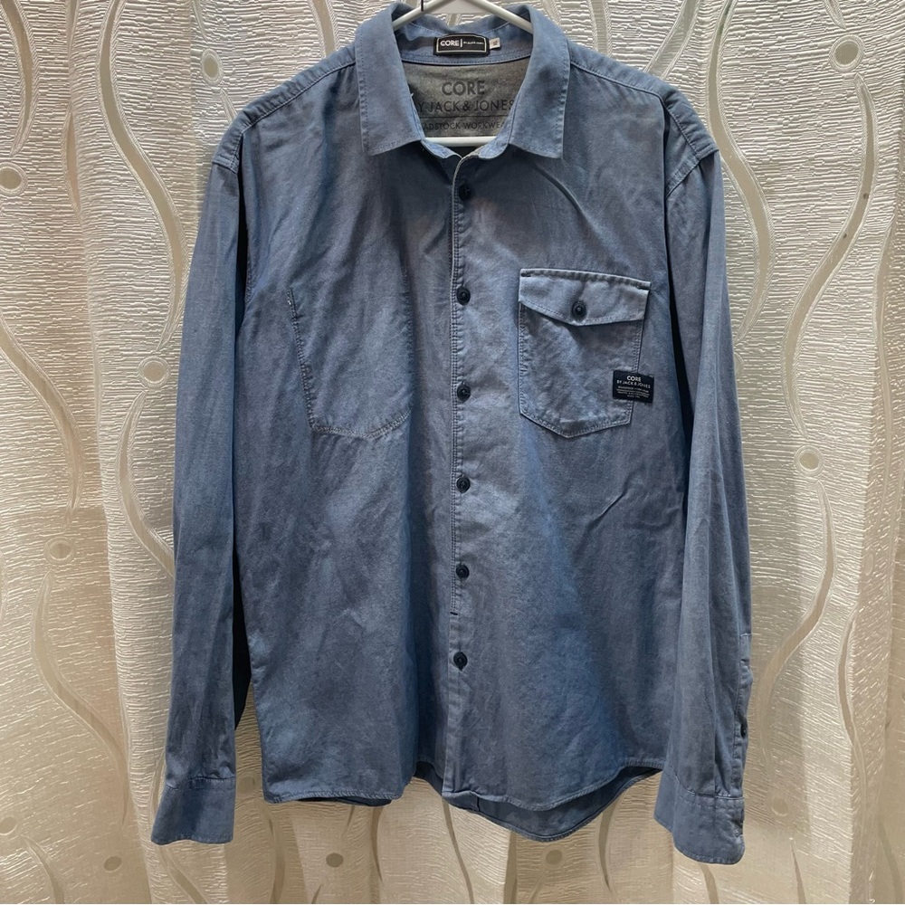 Jack & Jones Button Down Shirt Mens XL Blue Workwear Core Chambray Utility